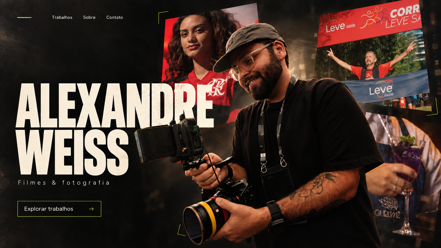 Alexandre Weiss com sua câmera em uma montagem com trabalhos de esporte, Leve Saúde e Gurumê